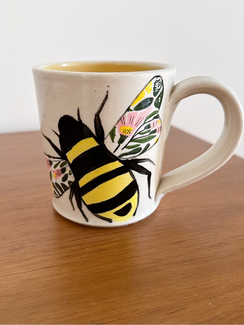 Handmade Bumble Bee Pottery Mug Signed Colorful Floral Studio Cup